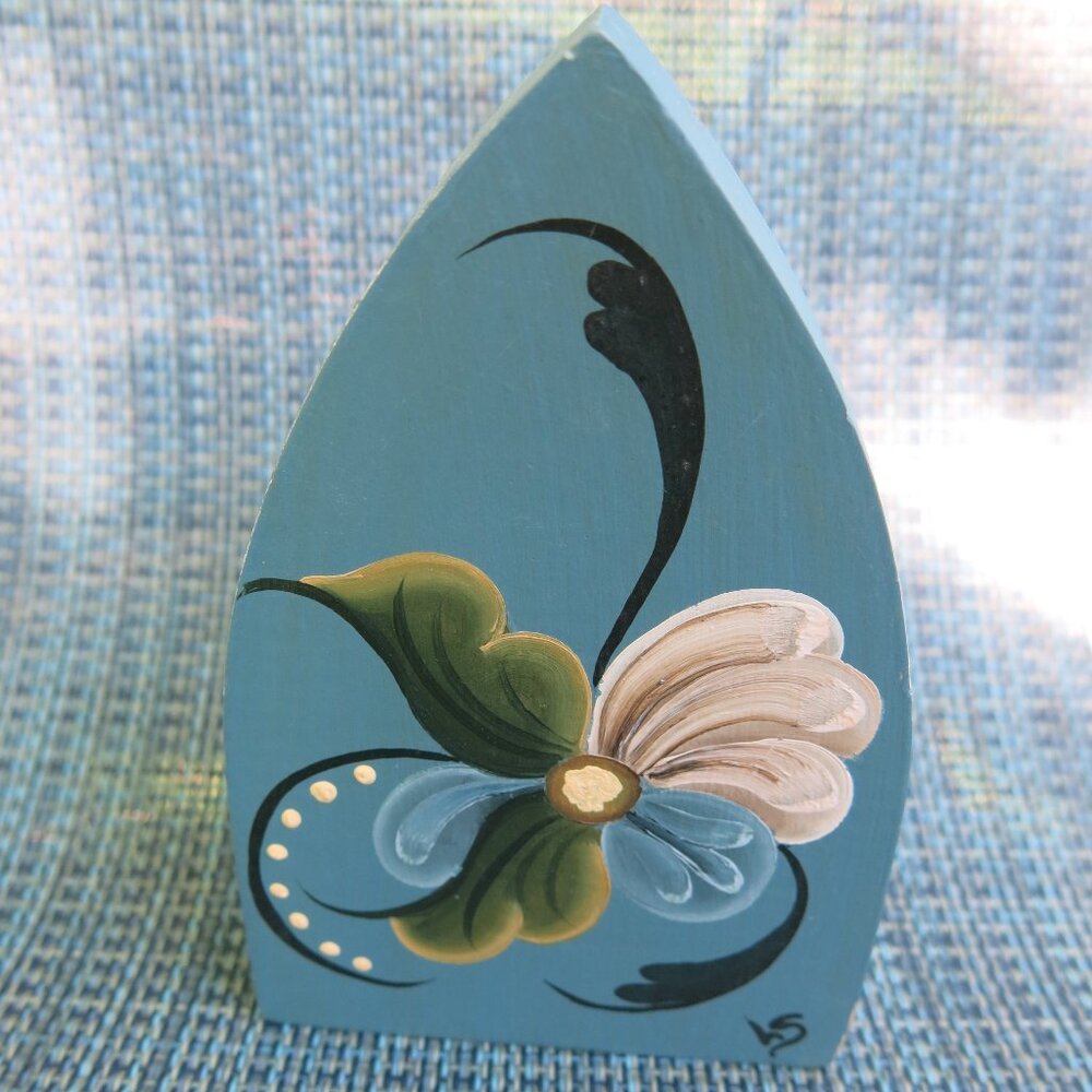 Vintage Collectible Artisan Signed Hand Painted Floral Blue Wooden Card Holder